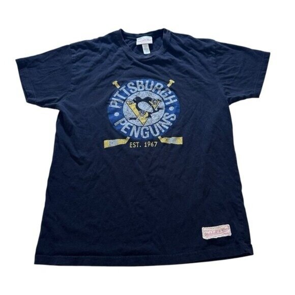Mitchell & Ness Mens L Pittsburgh Penguins NHL Hockey Vintage Logo T-Shirt Black - Picture 1 of 6